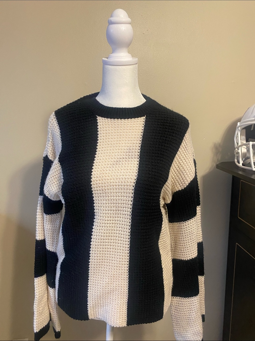 SHEIN Black and Cream Striped Crewneck Sweater